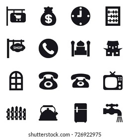 16 vector icon set : shop signboard, money bag, clock, abacus, phone, minaret, japanese house, arch window, tv, fence, kettle, water tap