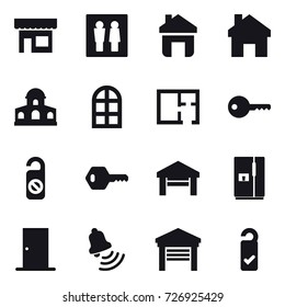16 vector icon set : shop, wc, home, mansion, arch window, plan, key, do not distrub, garage, fridge, door, bell, please clean