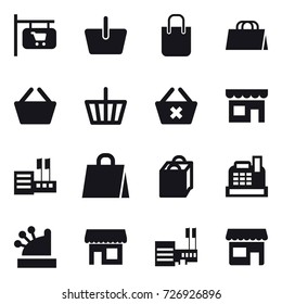 16 vector icon set : shop signboard, basket, shopping bag, delete cart, shop, store, cashbox, mall