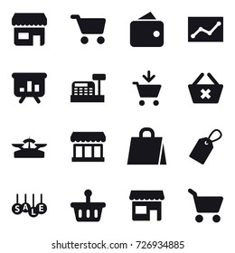 16 vector icon set : shop, cart, wallet, statistic, presentation, cashbox, add to cart, delete cart, scales, market, shopping bag, label, sale