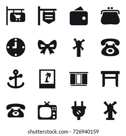 16 vector icon set : shop signboard, wallet, purse, clock, bow, windmill, photo, wardrobe, stool, phone, tv