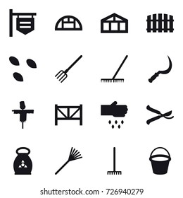 16 vector icon set : shop signboard, greenhouse, fence, seeds, fork, rake, sickle, scarecrow, farm fence, sow, pruner, fertilizer, bucket