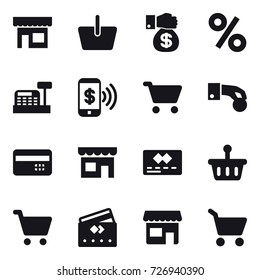 16 vector icon set : shop, basket, money gift, percent, cashbox, phone pay, cart, hand coin, credit card