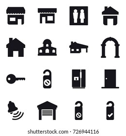 16 vector icon set : shop, wc, home, mansion, house with garage, arch, key, do not distrub, fridge, door, bell, garage, please clean