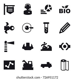 16 vector icon set : shop signboard, call center, diagram, bio, satellite, cell corection, vial, pencil, lighthouse, building helmet, surfer, harvester, pickup, paper towel