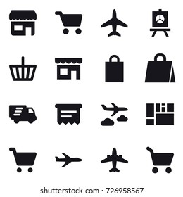 16 vector icon set : shop, cart, plane, presentation, basket, shopping bag, delivery, atm receipt, journey, airplane