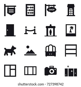 16 vector icon set : shop signboard, abacus, building, door, vip fence, detector, photo, dog, landscape, dresser, rack, window, clean  window