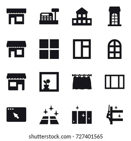 16 vector icon set : shop, cashbox, cottage, building, window, arch window, flower in window, curtain, clean floor, clean  window, skyscrapers cleaning