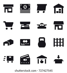 16 vector icon set : shop, money, delivery, warehouse, cart, market scales, scales, credit card, package