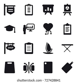 16 vector icon set : shop signboard, clipboard, presentation, graduate hat, cardio chip, windsurfing, iron board, cutting board