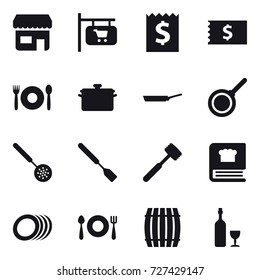 16 vector icon set : shop, shop signboard, receipt, cafe, pan, skimmer, spatula, meat hammer, barrel, wine