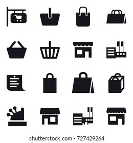 16 vector icon set : shop signboard, basket, shopping bag, shop, store, shopping list, cashbox, mall