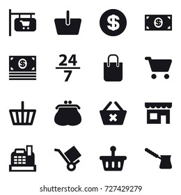16 vector icon set : shop signboard, basket, dollar, money, 24/7, shopping bag, cart, purse, delete cart, shop, cashbox, turk