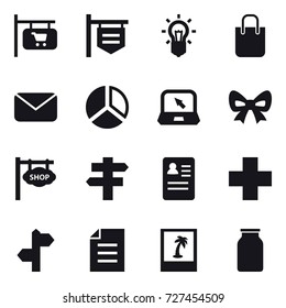 16 vector icon set : shop signboard, bulb, shopping bag, mail, diagram, notebook, bow, singlepost, photo