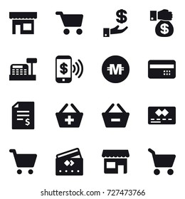 16 vector icon set : shop, cart, investment, money gift, cashbox, phone pay, crypto currency, credit card, account balance, add to basket, remove from basket