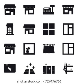 16 vector icon set : shop, cashbox, building, window, flower in window, curtain, clean floor, clean  window, skyscrapers cleaning