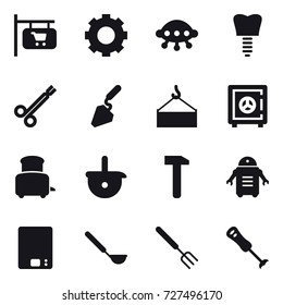 16 vector icon set : shop signboard, gear, ufo, construction, safe, toaster, kitchen scales, ladle, big fork