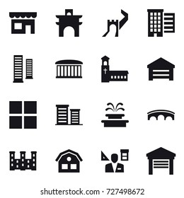 16 vector icon set : shop, arch, greate wall, houses, skyscrapers, airport building, church, garage, window, district, fountain, bridge, palace, house, architector