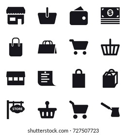16 vector icon set : shop, basket, wallet, money, shopping bag, cart, market, shopping list, store signboard, turk
