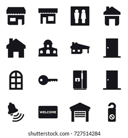 16 vector icon set : shop, wc, home, mansion, house with garage, door, arch window, key, fridge, bell, welcome mat, garage, do not distrub