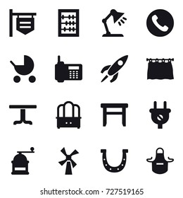 16 vector icon set : shop signboard, abacus, table lamp, phone, baby stroller, curtain, table, dresser, stool, hand mill, windmill, horseshoe, apron