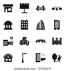 16 vector icon set : shop, billboard, bridge, drawbridge, goverment house, building, skyscraper, mall, modern architecture, palace, house, outdoor light, hotel, garden cleaning