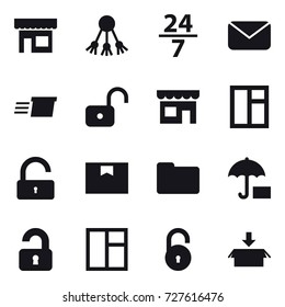 16 vector icon set : shop, share, 24/7, mail, delivery, unlock, window, unlocked, package