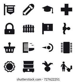 16 vector icon set : shop signboard, pencil, graduate hat, lock, fence, hotel, beet, toilet cleaning