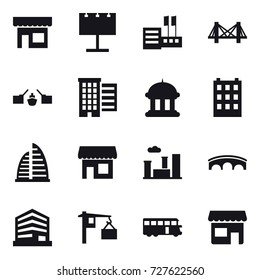 16 vector icon set : shop, billboard, store, bridge, drawbridge, houses, goverment house, building, skyscraper, city, bus