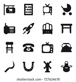 16 vector icon set : shop signboard, abacus, tv, baby stroller, dresser, stool, chair, phone, kettle, sickle, horseshoe, windmill, apron