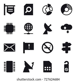 16 vector icon set : shop signboard, search document, circle diagram, chip, globe connect, satellite antenna, cloude service, mail, no smoking, signpost, do not distrub