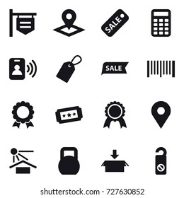 16 vector icon set : shop signboard, pointer, sale, calculator, pass card, label, barcode, medal, ticket, package, do not distrub