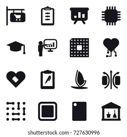16 vector icon set : shop signboard, clipboard, presentation, chip, graduate hat, cpu, cardio chip, windsurfing, cutting board, utility room