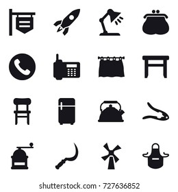 16 vector icon set : shop signboard, rocket, table lamp, purse, phone, curtain, stool, chair, fridge, kettle, walnut crack, hand mill, sickle, windmill, apron