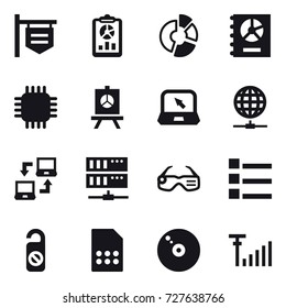 16 vector icon set : shop signboard, report, circle diagram, annual report, chip, presentation, notebook, globe connect, notebook connect, server, smart glasses, list, do not distrub