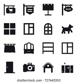 16 vector icon set : shop signboard, billboard, window, arch window, dog, curtain, dresser, rack, door, barn, clean  window