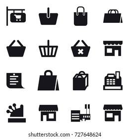 16 vector icon set : shop signboard, basket, shopping bag, delete cart, shop, shopping list, cashbox, mall