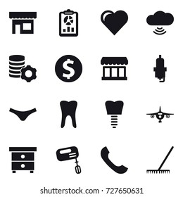 16 vector icon set : shop, report, heart, cloud wireless, virtual mining, dollar coin, market, spark plug, underpants, plane, nightstand, mixer, rake