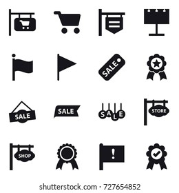 16 vector icon set : shop signboard, cart, billboard, flag, sale, medal, store signboard