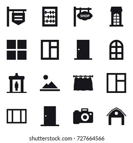 16 vector icon set : shop signboard, abacus, building, window, door, arch window, detector, landscape, curtain, barn