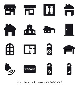 16 vector icon set : shop, wc, home, mansion, house with garage, door, arch window, plan, do not distrub, garage, bell, welcome mat, please clean