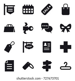 16 vector icon set : shop signboard, calendar, sale, shopping bag, satellite, discussion, bow, label, signpost, hanger
