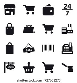 16 vector icon set : shop, cart, wallet, 24/7, shopping bag, store, sale, barcode, cashbox, store signboard, turk