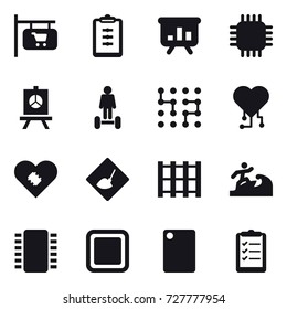 16 vector icon set : shop signboard, clipboard, presentation, chip, hoverboard, cardio chip, under construction, surfer, cutting board, clipboard list