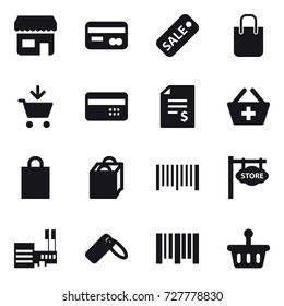 16 vector icon set : shop, card, sale, shopping bag, add to cart, credit card, account balance, add to basket, barcode, store signboard, mall