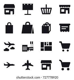 16 vector icon set : shop, billboard, basket, shopping bag, atm receipt, journey, mall, plane, airplane, cart