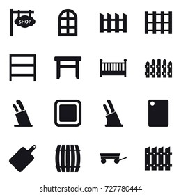 16 vector icon set : shop signboard, arch window, fence, rack, stool, crib, stands for knives, cutting board, knife holder, barrel, trailer