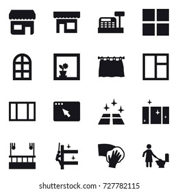 16 vector icon set : shop, cashbox, window, arch window, flower in window, curtain, clean floor, clean  window, skyscapers cleaning, skyscrapers cleaning, wiping, toilet cleaning