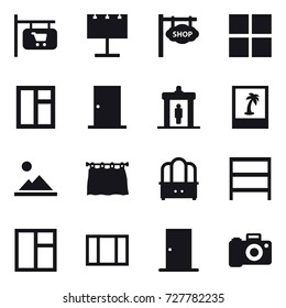 16 vector icon set : shop signboard, billboard, window, door, detector, photo, landscape, curtain, dresser, rack