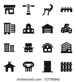 16 vector icon set : shop, lighthouse, greate wall, bridge, houses, mansion, garage, modern architecture, district, japanese house, house, bungalow, antique column, door, fence